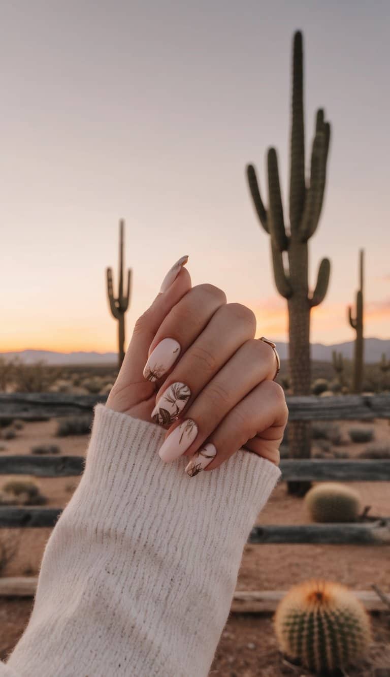 A desert landscape with cacti, tumbleweeds, and a rustic wooden fence under a warm, golden sunset