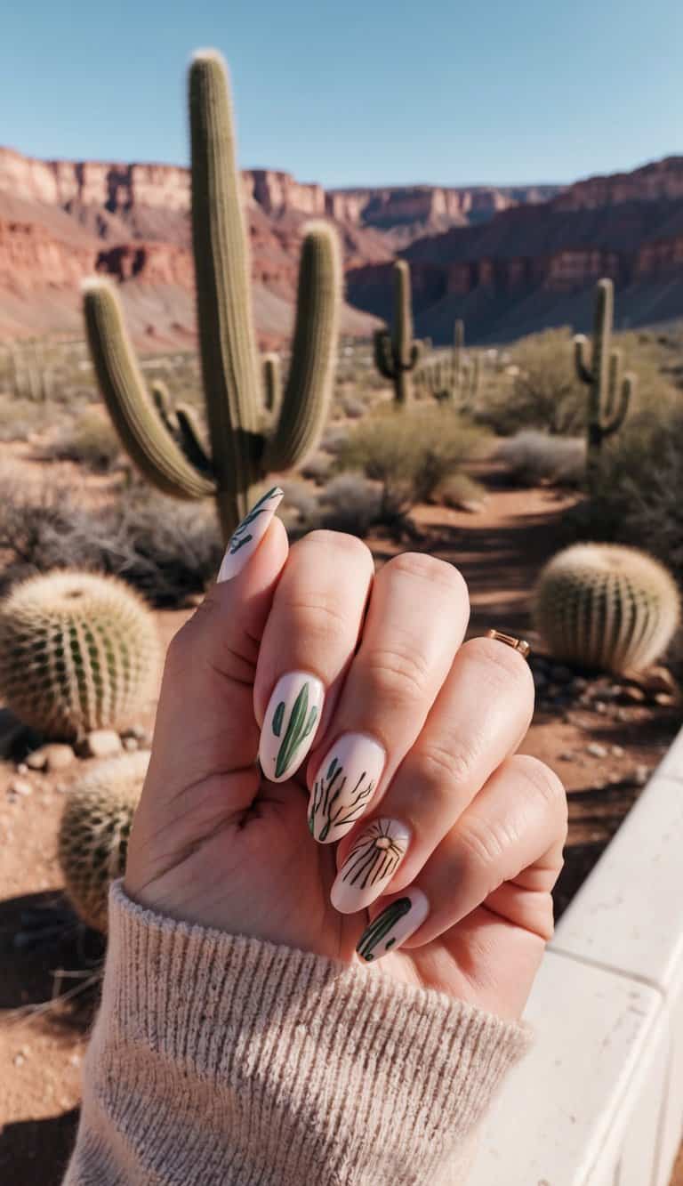 A desert landscape with cacti and tumbleweeds, set against a backdrop of a canyon with a rustic, western feel