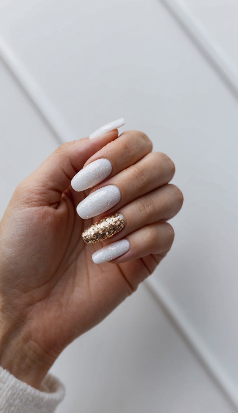 A frosty white and gold glitter nail art design on a clean, elegant background