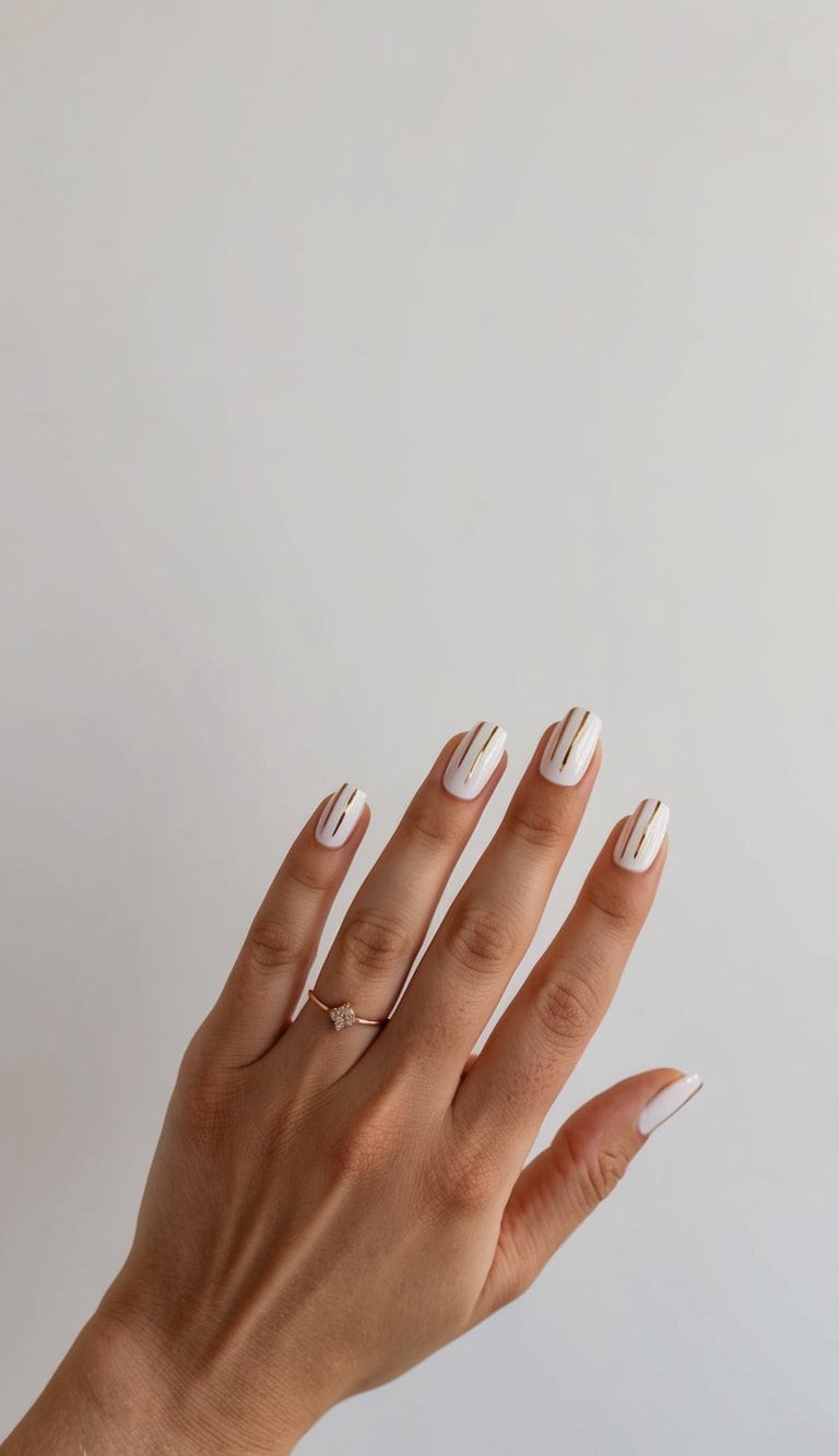 White nails with delicate gold pinstripes on a clean, neutral background