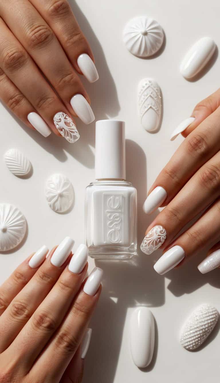 A white pearlescent nail polish bottle surrounded by various white nail art designs on a clean, minimalist background