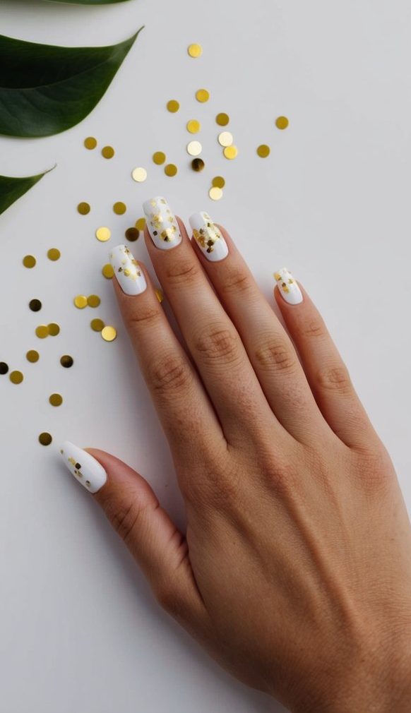 White nails with gold confetti scattered on a clean, minimalist background