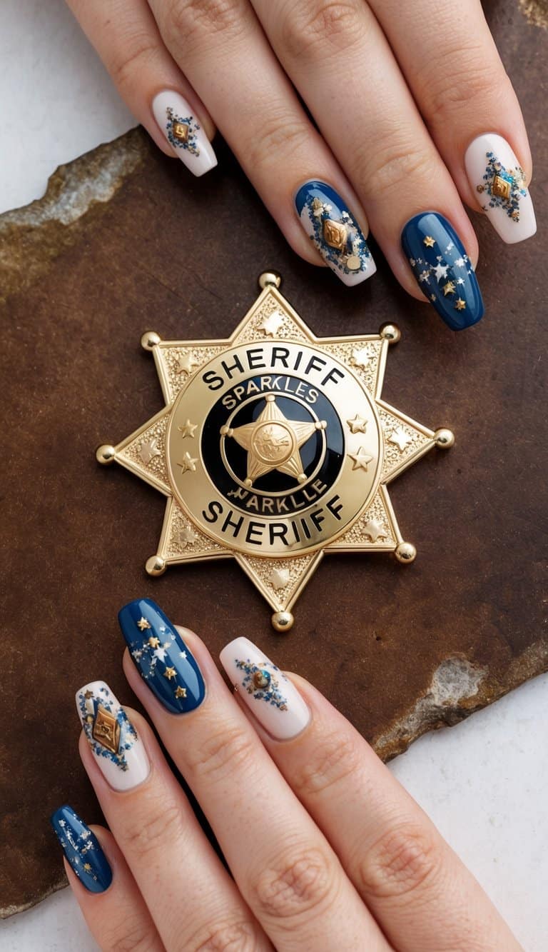 A sheriff badge sparkles on a rustic background, surrounded by western-themed nail art designs