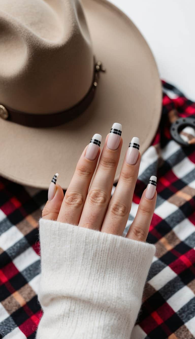 A cowboy hat and horseshoe surrounded by buffalo plaid patterns
