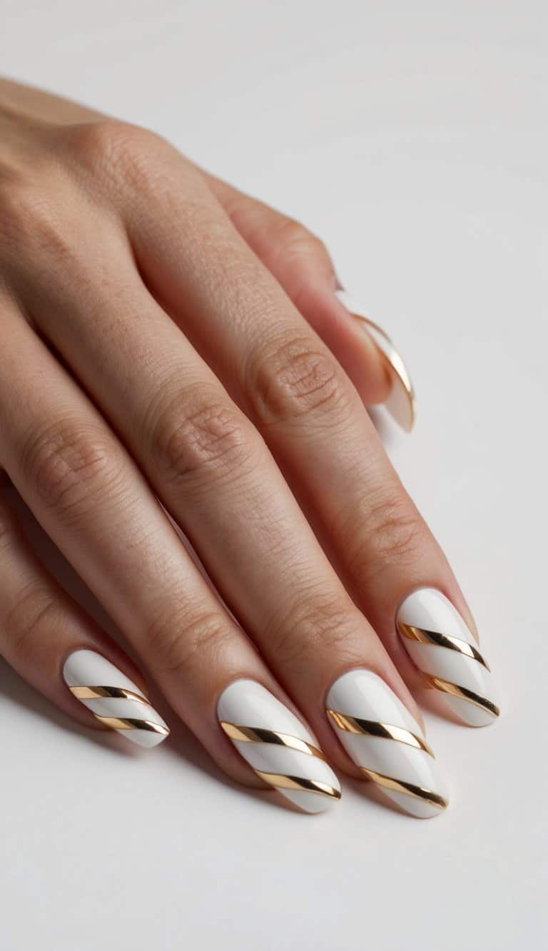 Elegant gold lines intertwine on a white background, creating a luxurious and sophisticated nail art design