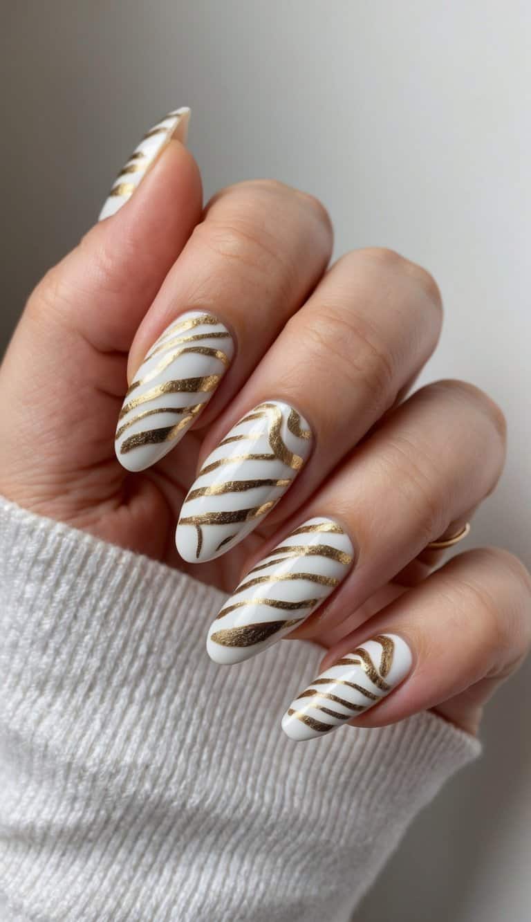 A close-up of white nails with intricate gold zebra patterns