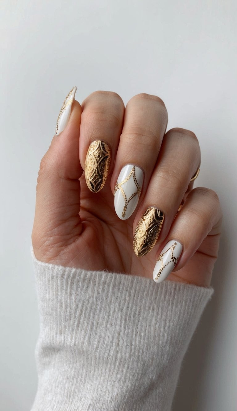 Opulent gold detailing on white nails with intricate patterns and designs