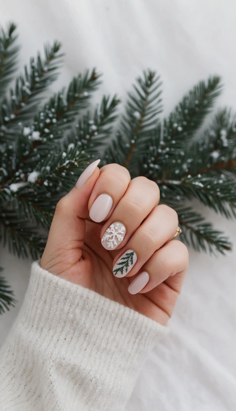 Manicured hand displaying nude-pink nails with white snowflake and pine branch nail art designs against snow-covered evergreen branches
