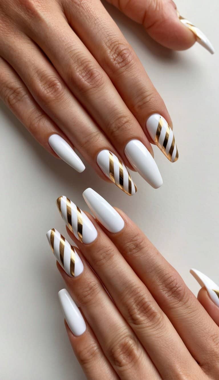 A close-up of white and gold herringbone nail art on a neutral background