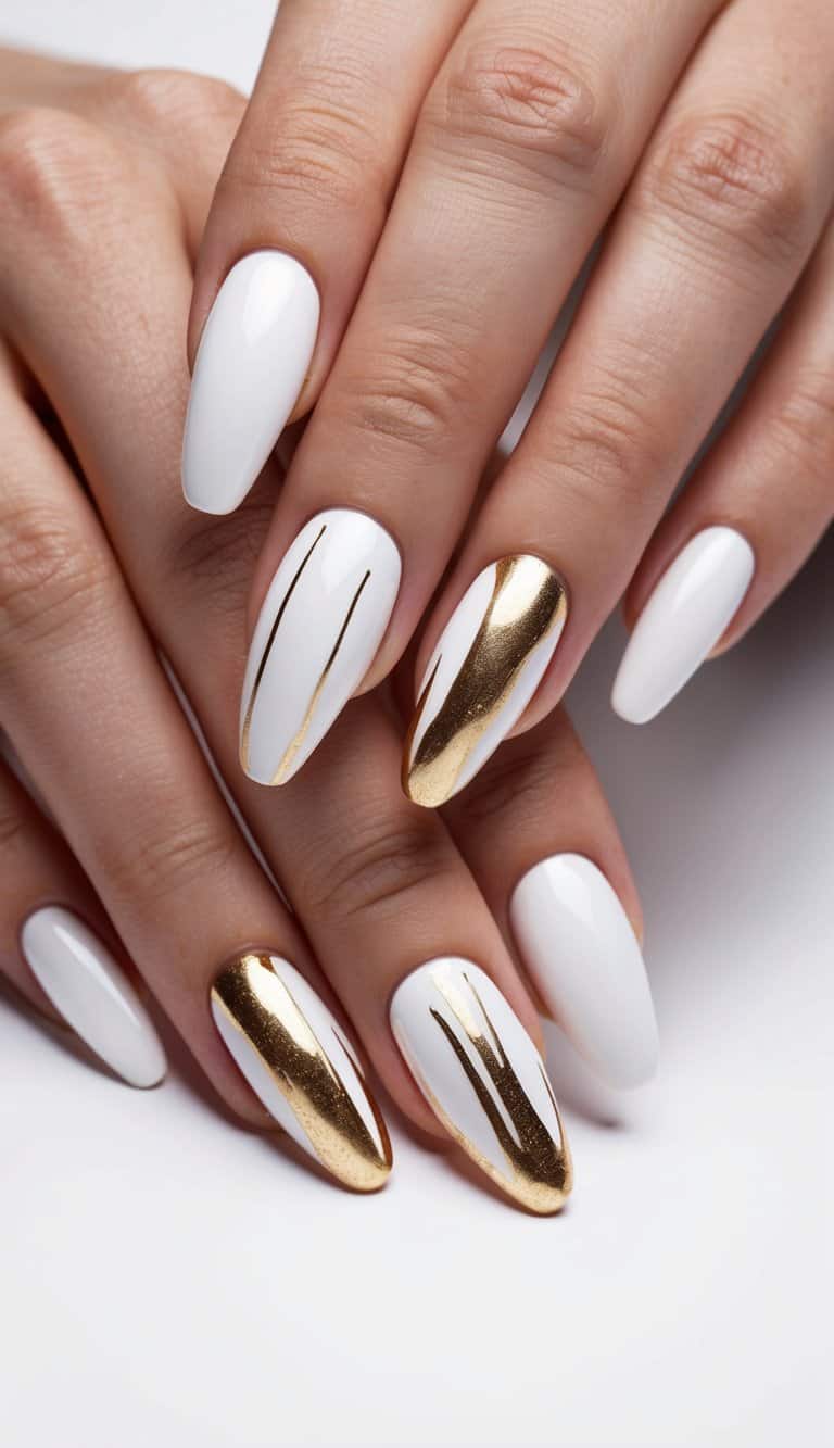 White nails with intricate gold drip design. Luxurious and elegant