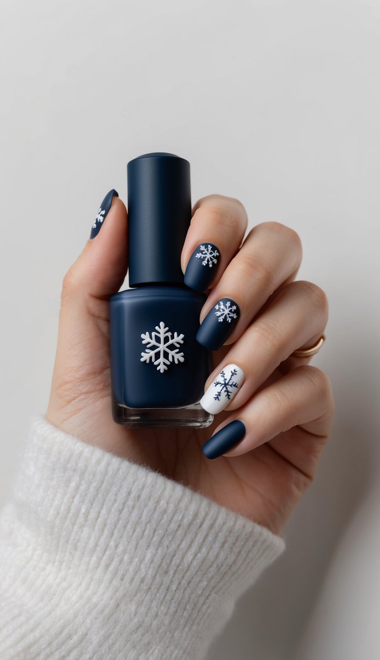 Hand with matte navy blue nails and delicate snowflake art, including one white accent nail, for a simple winter nail look.