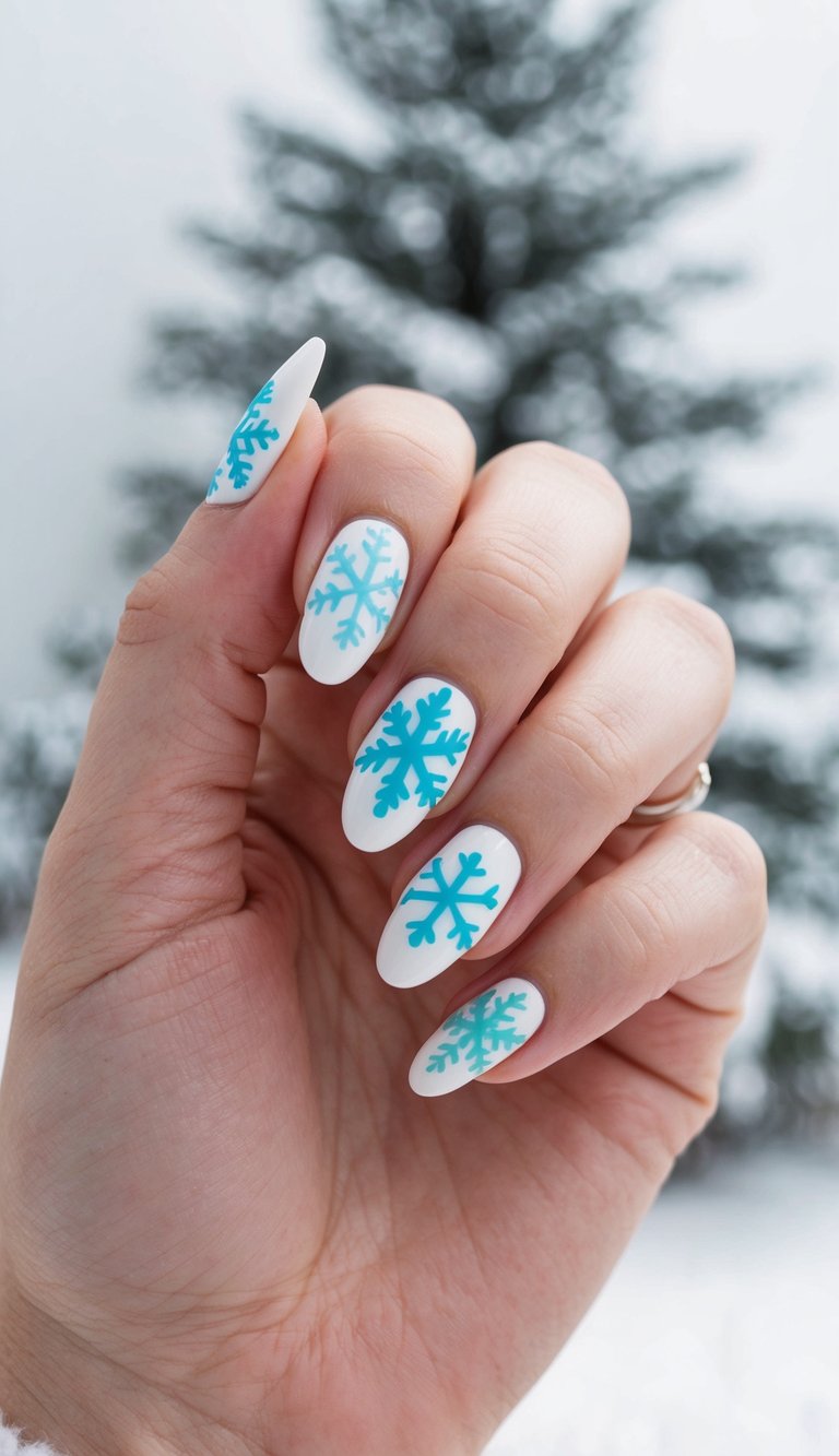 Matte white nails with bold aqua blue snowflakes, creating a fun and frosty winter nail design.