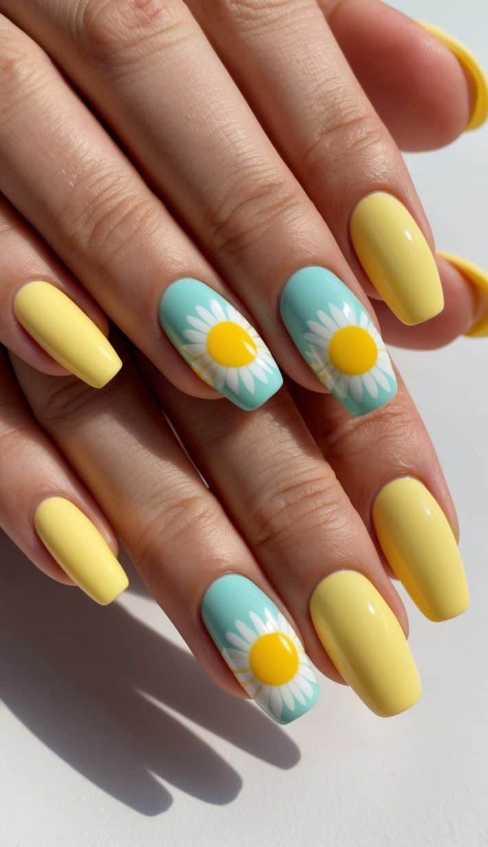 A vibrant yellow daisy petal pastel nail design with a sun motif