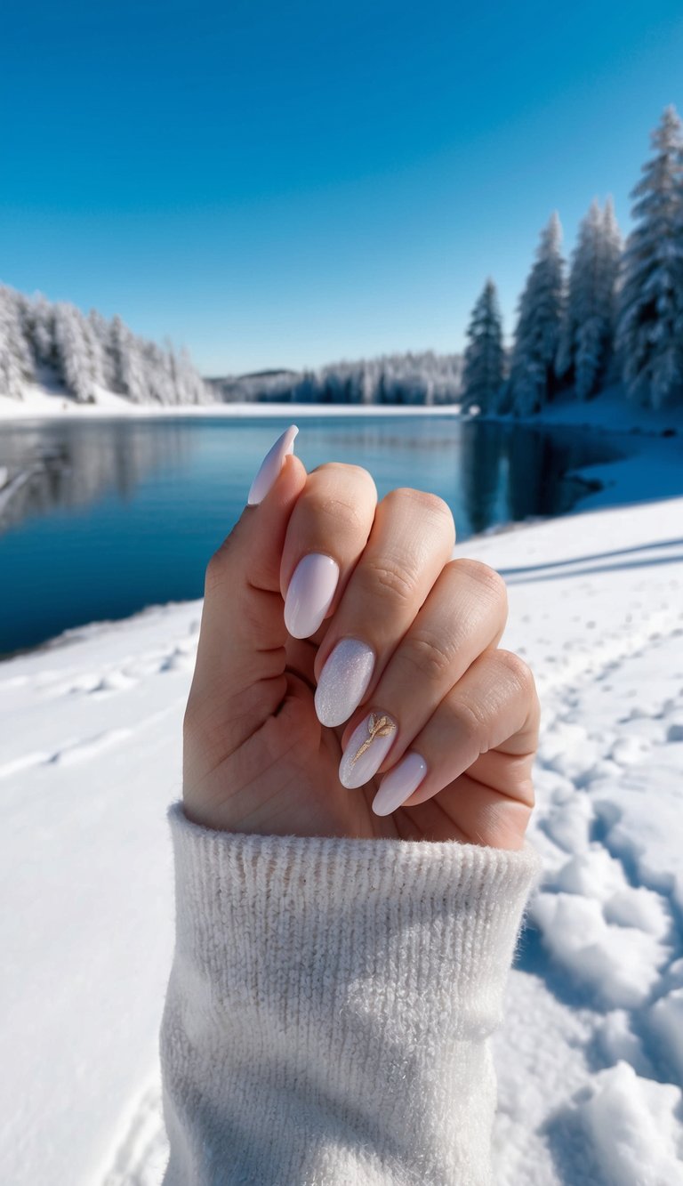  Pale pink shimmer nails with delicate gold foil accent, styled against a snowy landscape for a soft winter-inspired manicure.