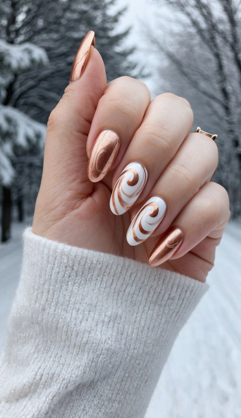 Rose-gold chrome nails with copper swirl accents on white polish, styled in a cozy winter forest setting.