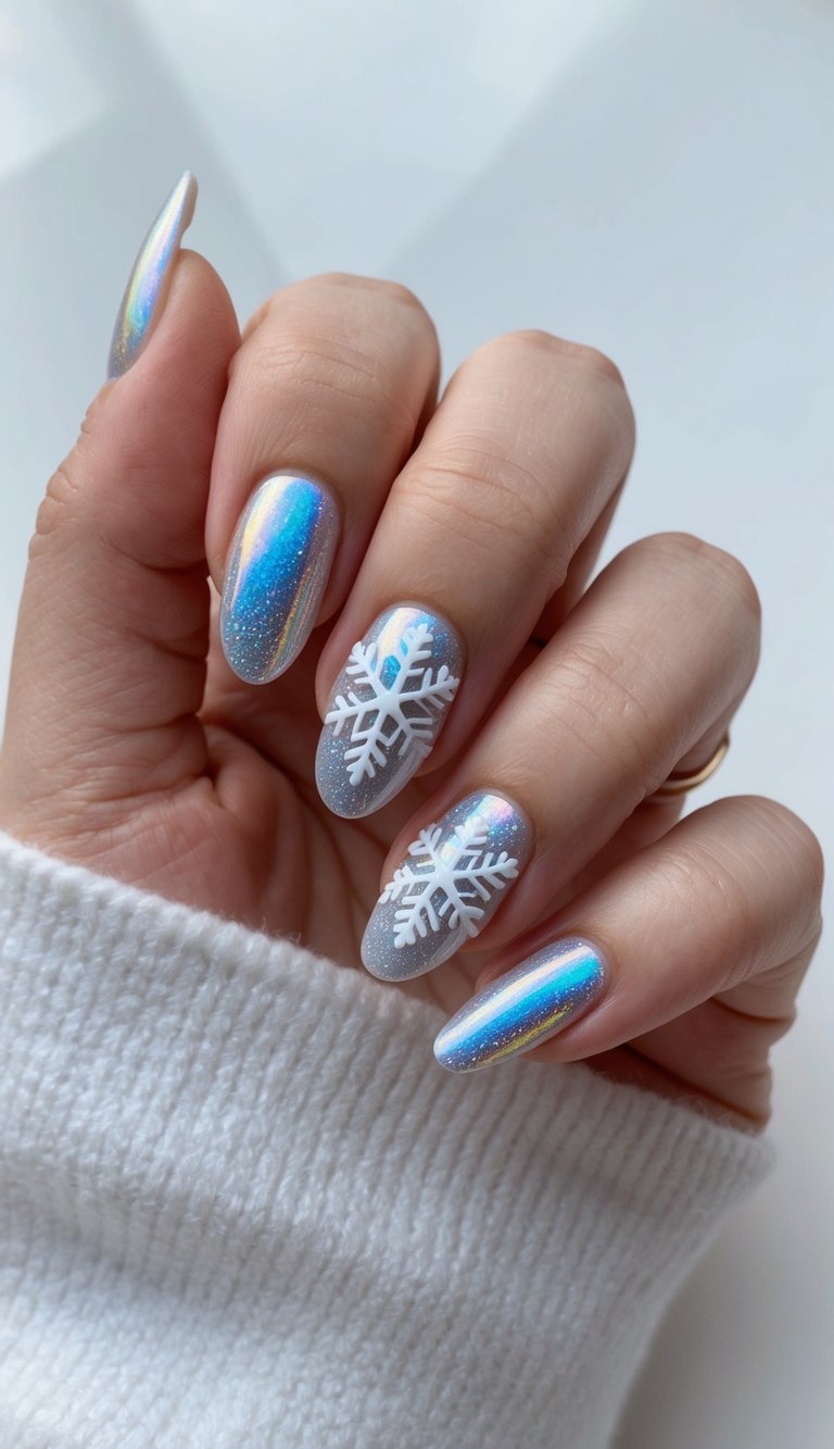 Holographic chrome nails with white snowflake art, glowing with a frosty, magical winter shimmer.