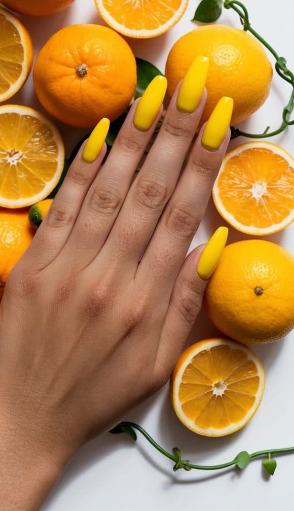 Sunshine yellow nails arranged in a vibrant display, surrounded by citrus fruits and twisting vines for inspiration