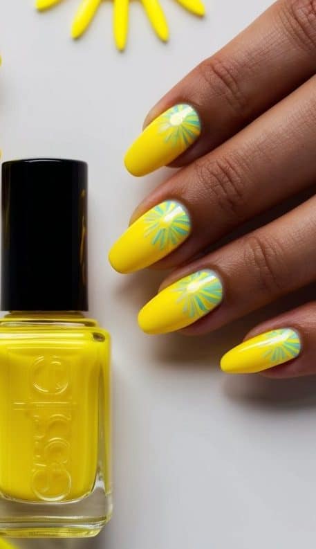 A vibrant yellow nail polish bottle surrounded by glowing neon sun shapes
