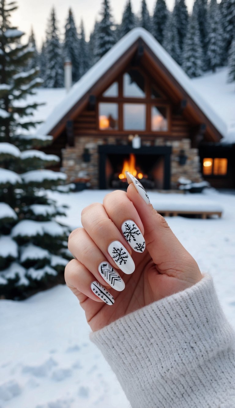 White nails with black snowflake and Nordic knit patterns, photographed in front of a snowy cabin for a cozy winter vibe.