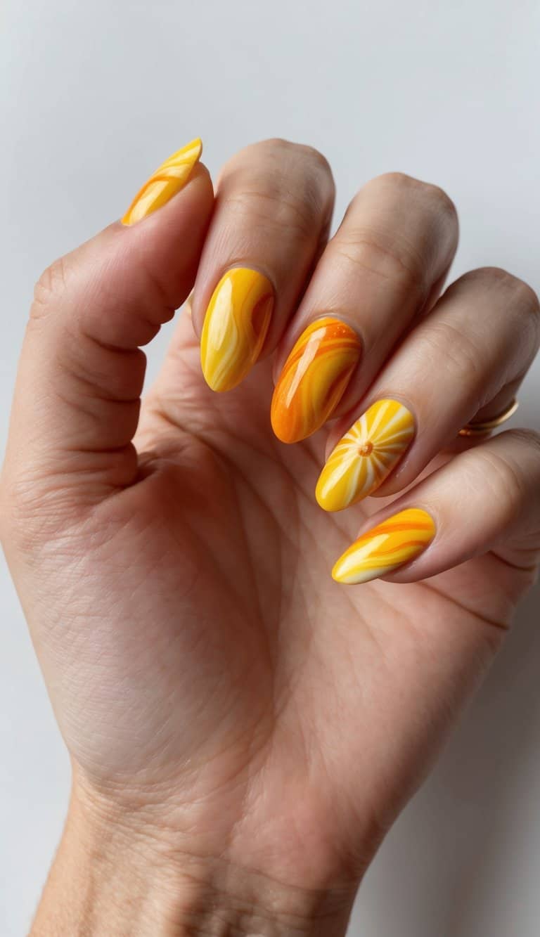 A vibrant swirl of saffron spice and sun-inspired yellow nail art designs