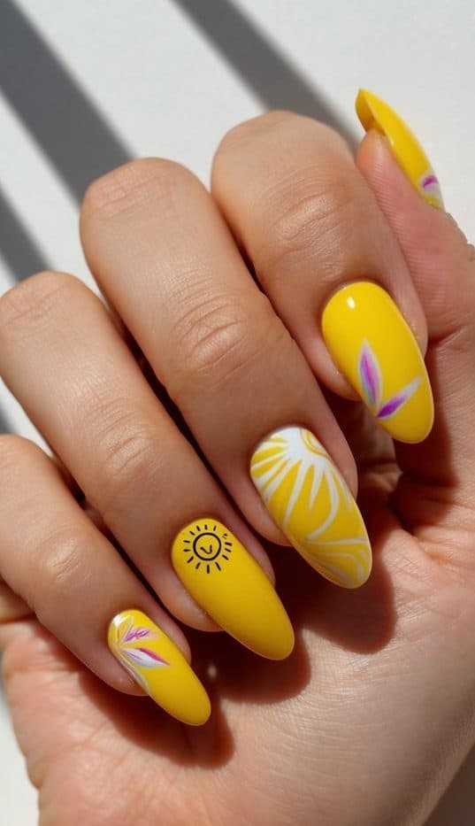 A sunny yellow nail art scene with rays of light and vibrant colors