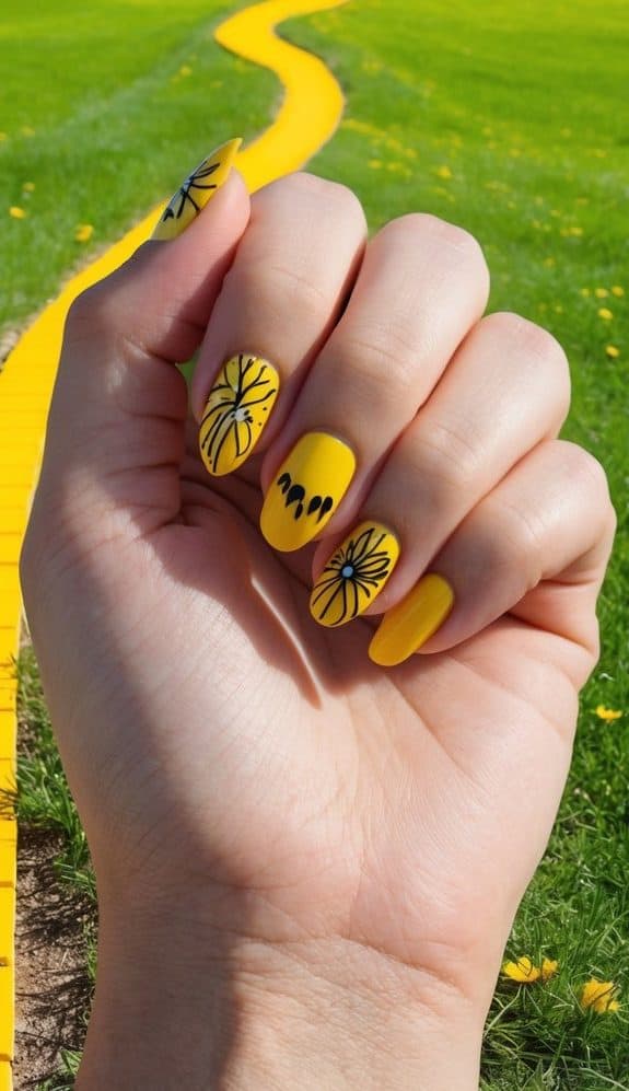 A vibrant yellow brick road winding through a sunny landscape with bright yellow nail art designs scattered along the path