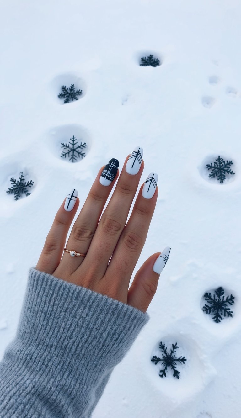 White and black minimalist nails with thin geometric lines, shown over fresh snow with snowflake cutouts.