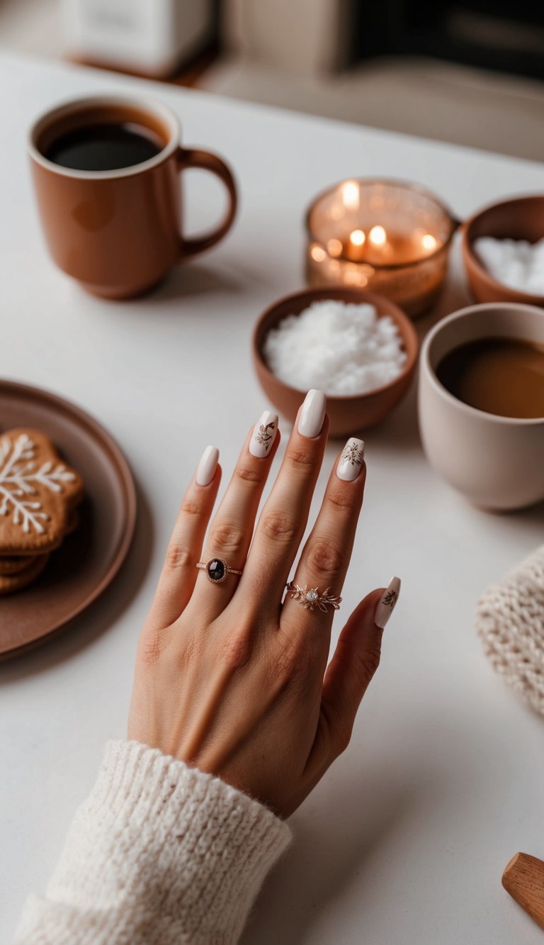 Neutral winter nails with delicate brown leaf line art, shown beside coffee and candles for a cozy seasonal vibe.