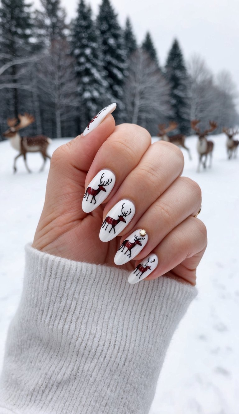 White holiday nails featuring cute reindeer art and one gold-studded accent, set against a snowy forest with real reindeer in the background.