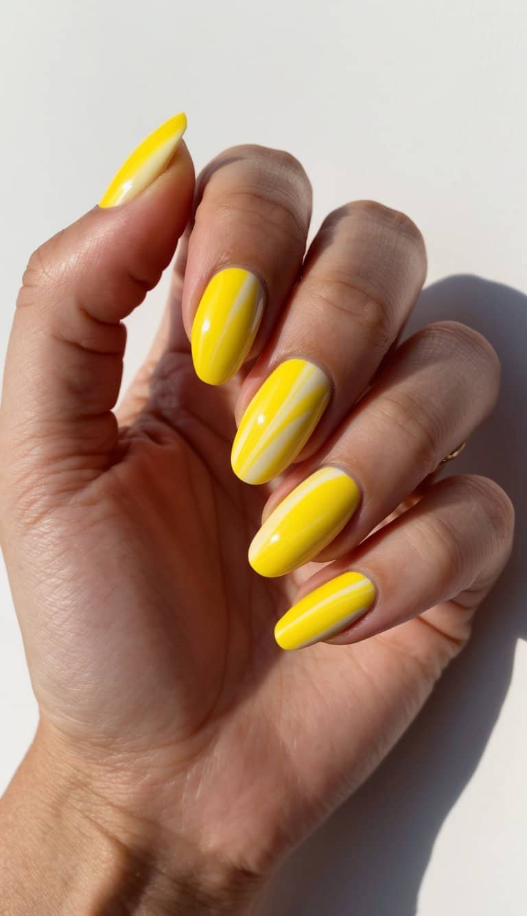 A vibrant swirl of lemon sherbet yellow nail polish, radiating warmth and sunshine