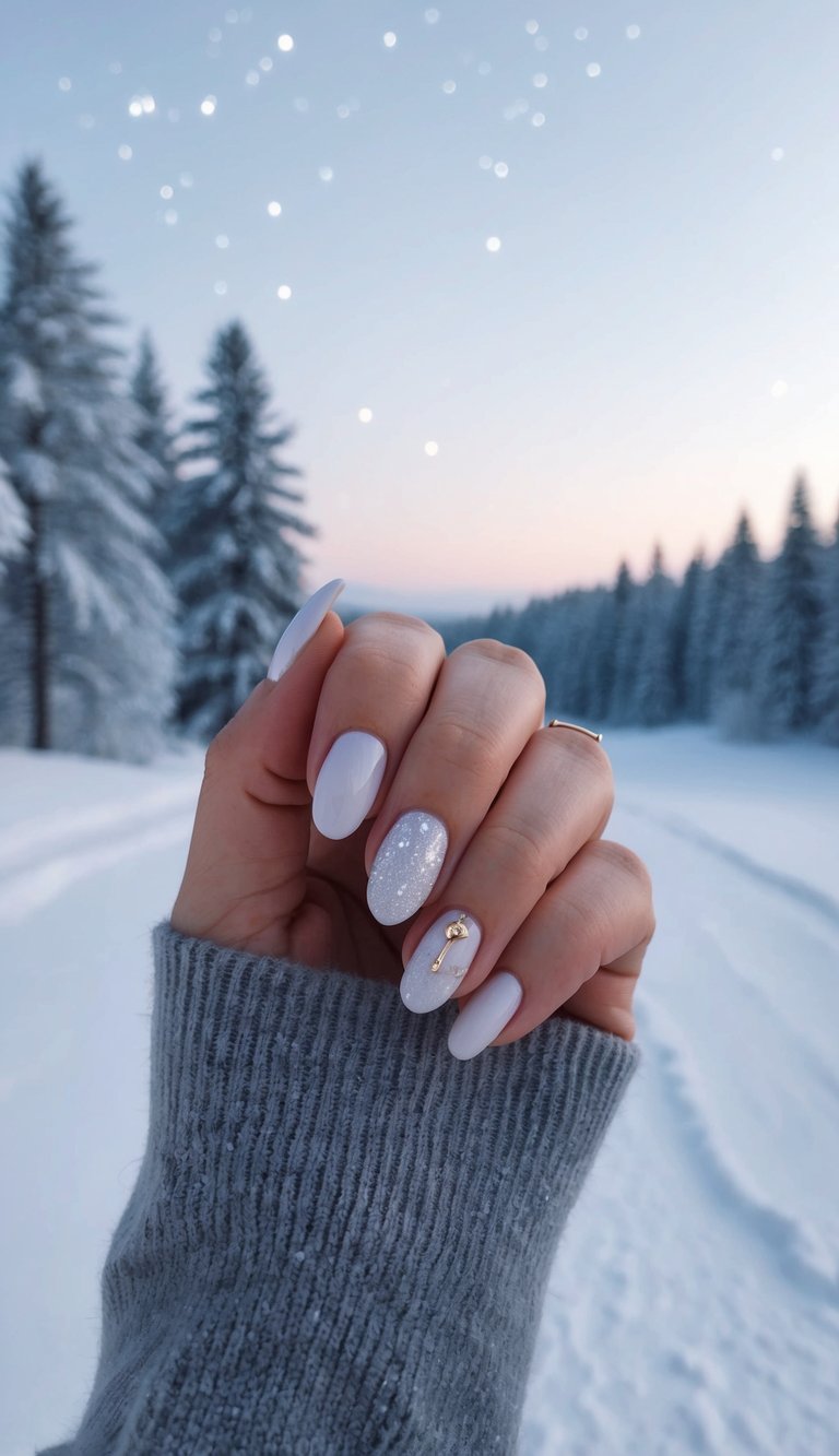 Pale white nails with one glittery accent and a small gold charm, photographed against a snowy pine backdrop at dusk.
