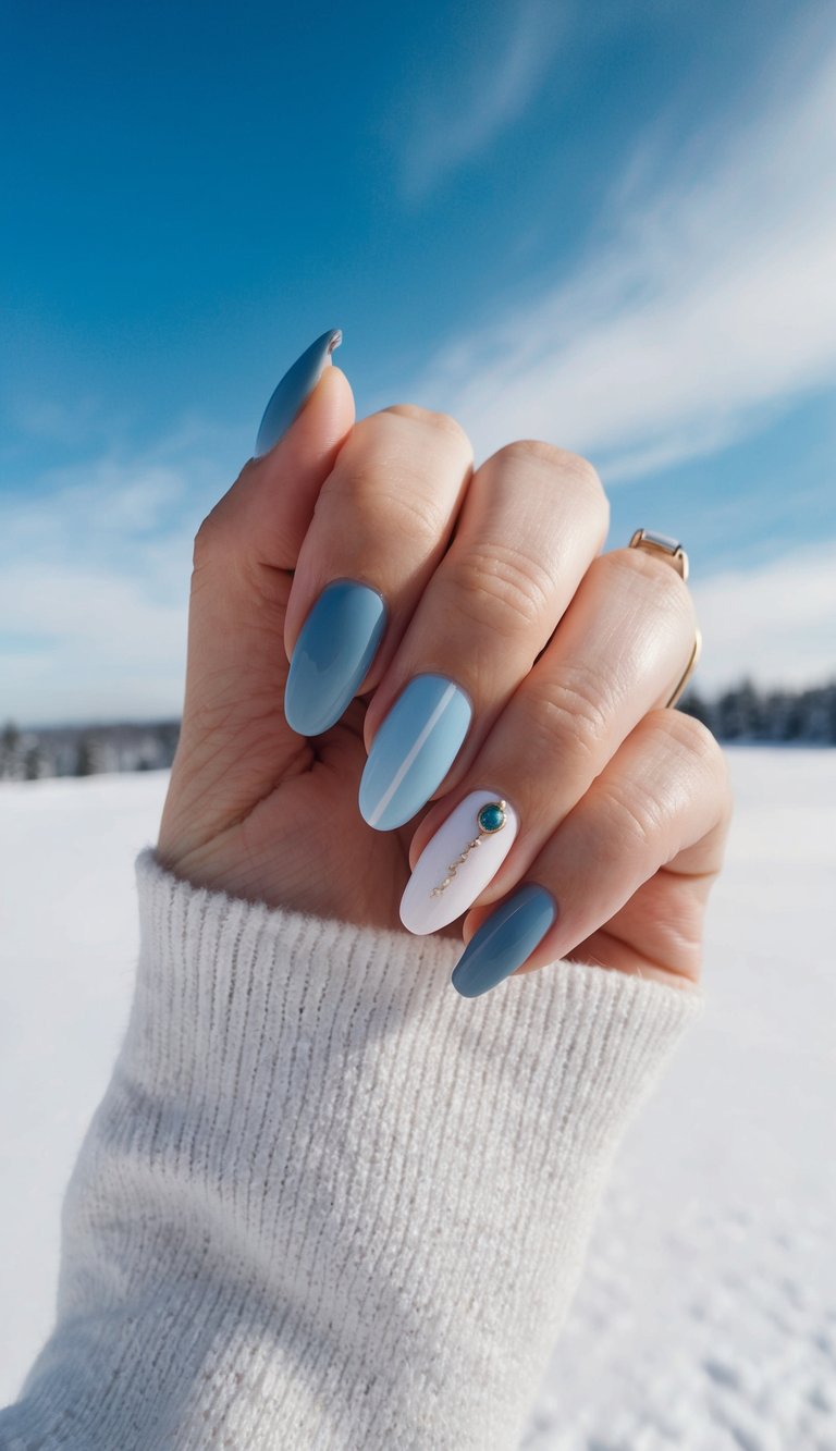 Hand with blue and white nails, featuring a gem-accented design against a snowy field and clear sky backdrop.