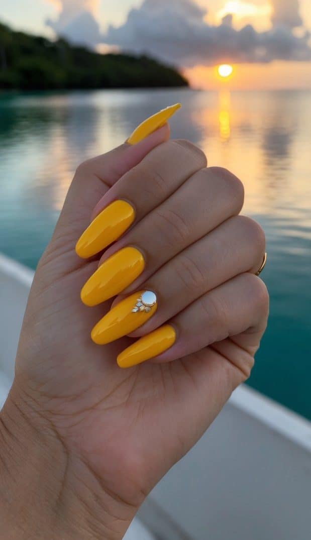 A tropical sunrise over a calm ocean, with vibrant yellow nails reflecting the sun's rays on the horizon
