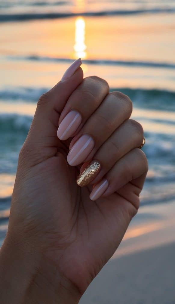 A serene beach at sunset with golden stripes of light reflecting on the water, creating a warm and vibrant atmosphere