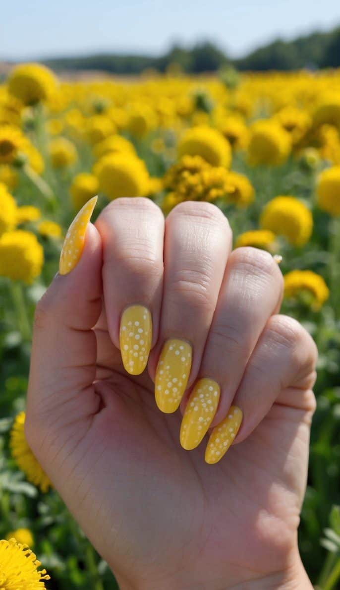 A field of vibrant yellow flowers with pollen dots, basking in the sunlight