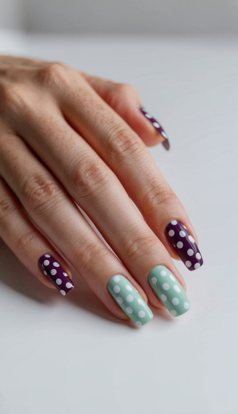 Polka dot nails in contrasting colors, simple yet elegant