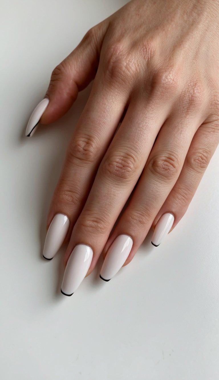 A hand resting on a white surface with simple French tip nail art in elegant and basic design