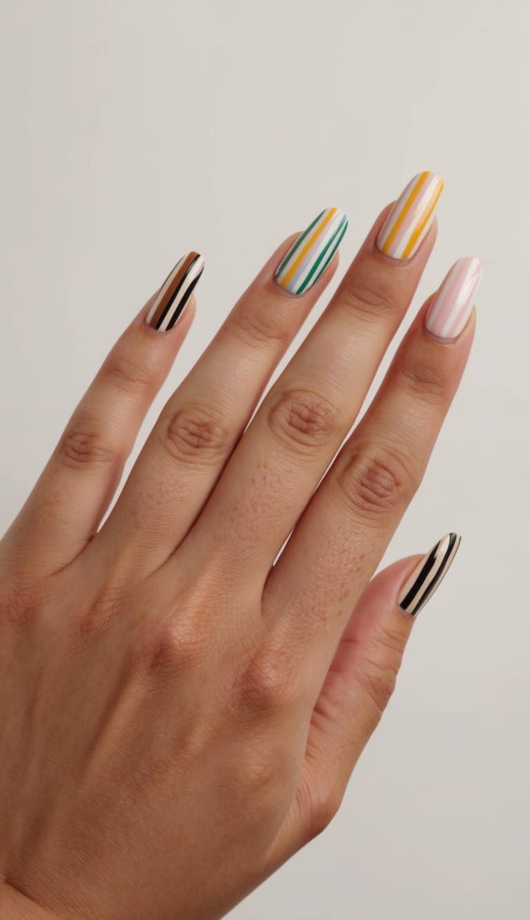 Five nails with striped accents in various colors on a neutral background