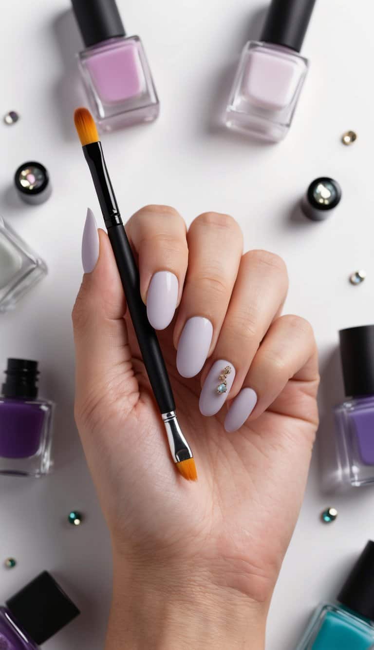 A hand with matte finish nails holding a nail art brush, surrounded by various nail polish bottles and small decorative gems