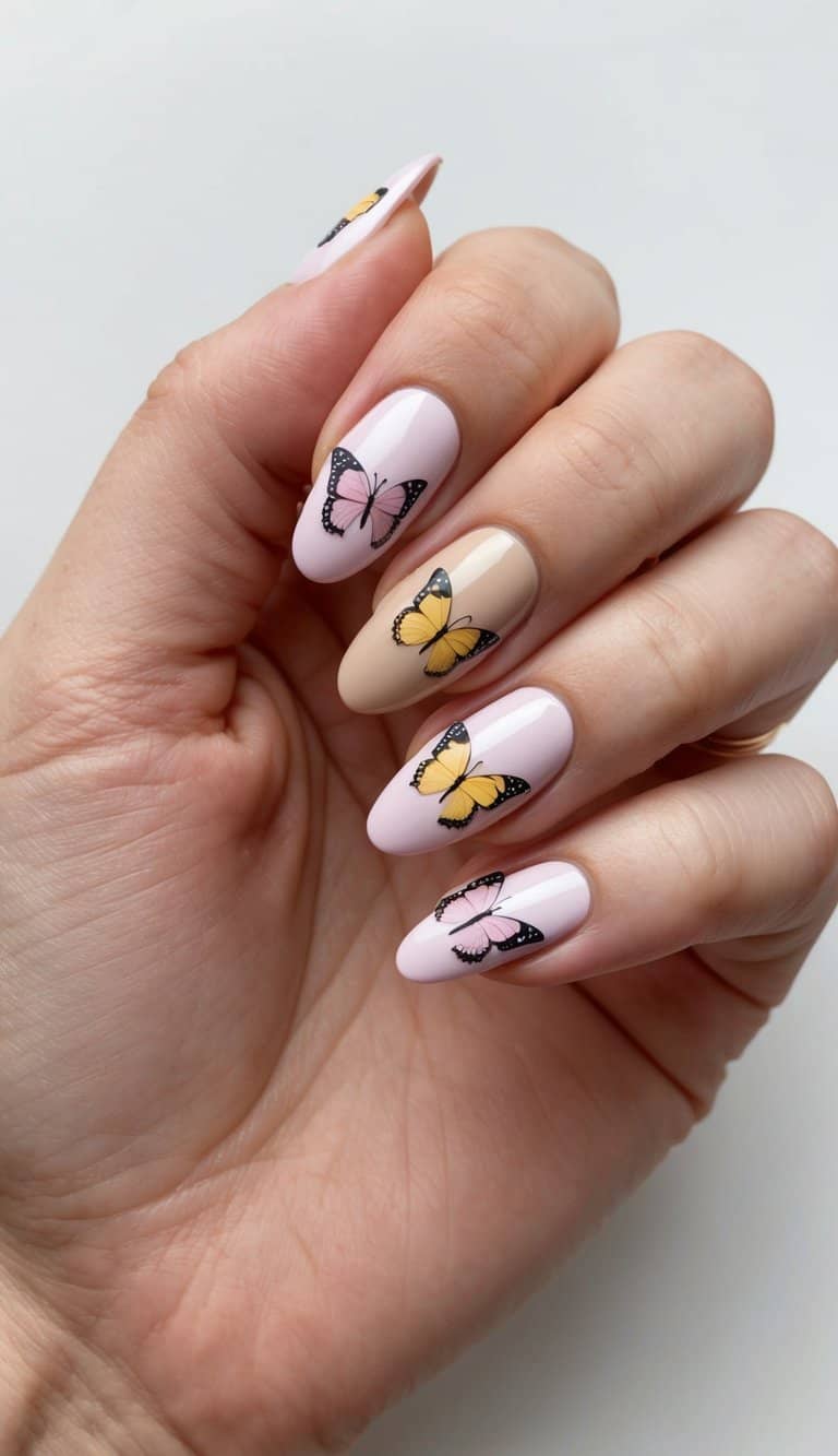 Soft pastel butterflies fluttering over beige nail art