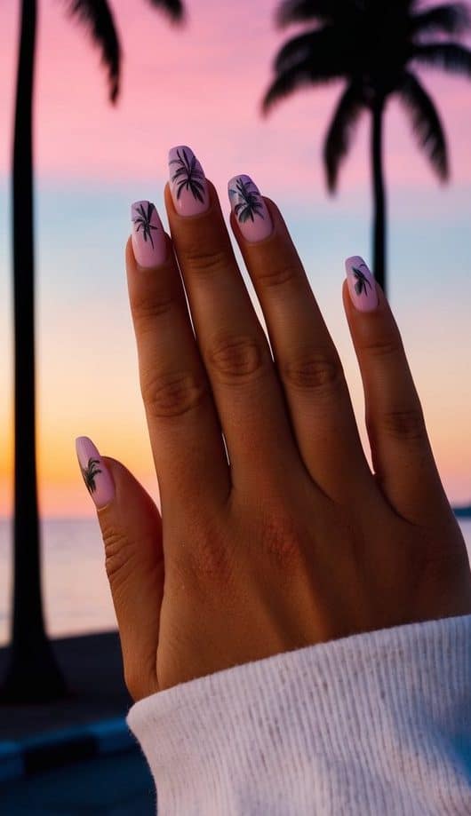A vibrant sunset over a calm seaside, with palm trees silhouetted against the colorful sky