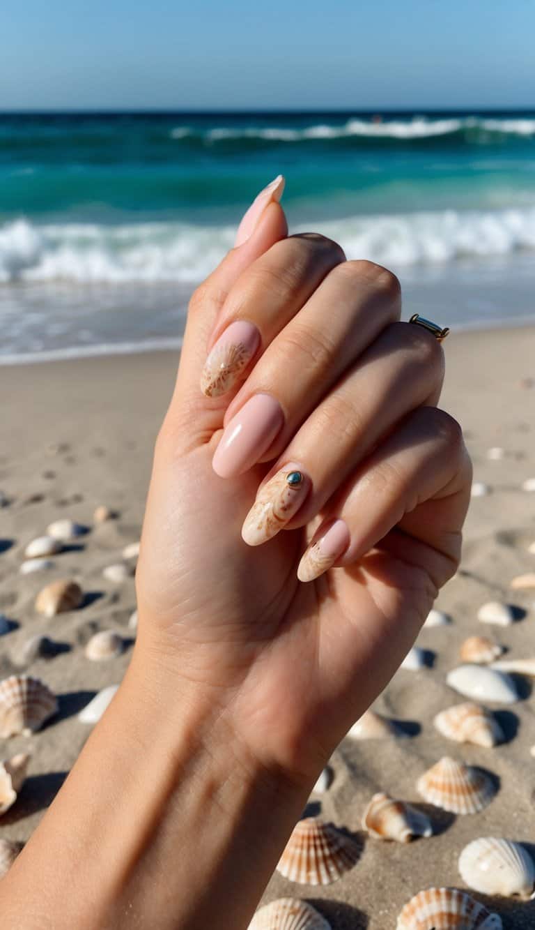 A sandy beach with waves crashing, seashells scattered, and a clear blue ocean in the background