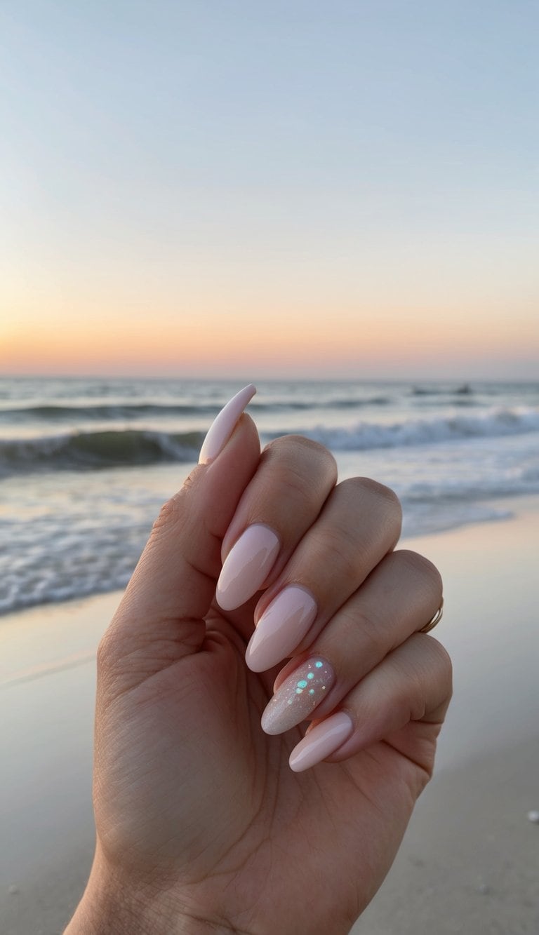 A serene beach at sunset, with waves washing onto the shore and a gradient of warm colors in the sky