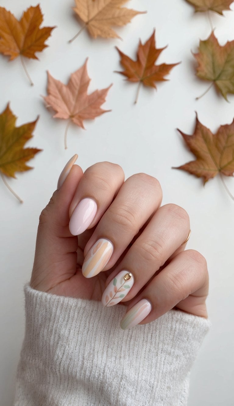 A collection of soft pastel-colored autumn leaves arranged in a minimalistic aesthetic pattern
