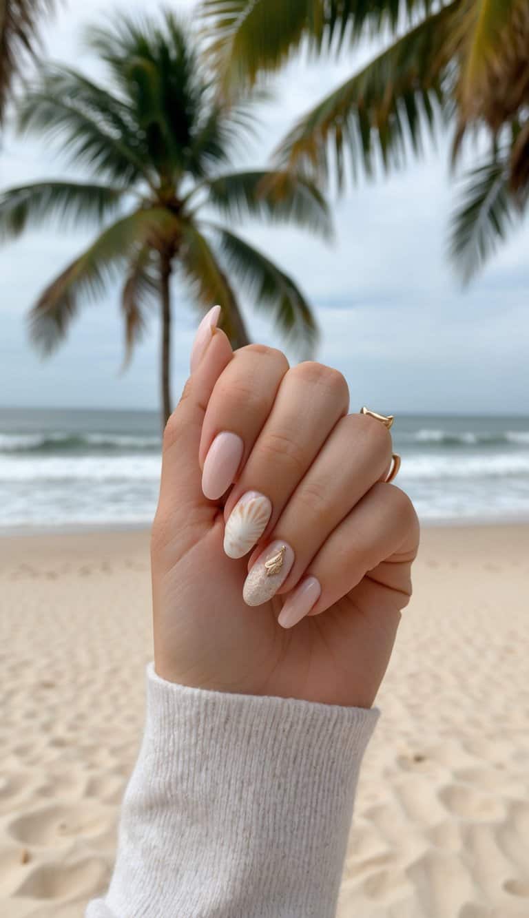 A sandy beach with seashells, palm trees, and ocean waves