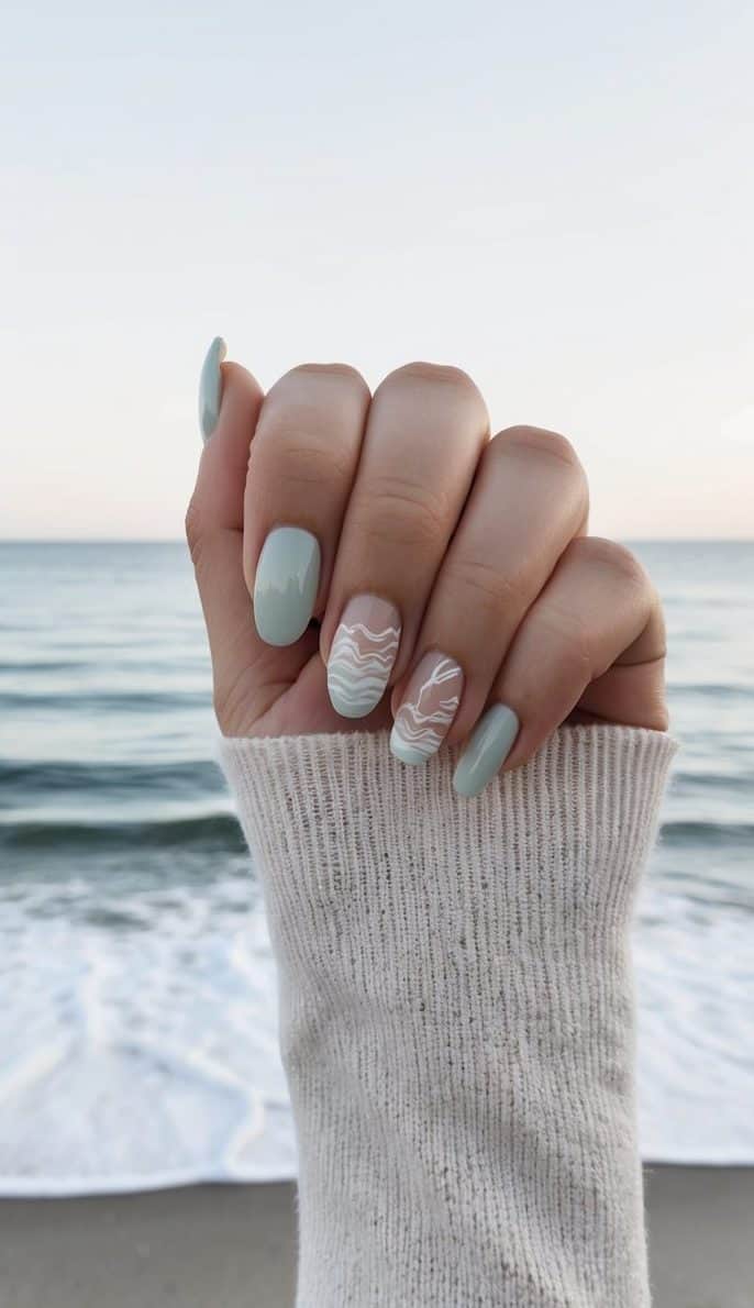 A serene beach scene with gentle minimalist wave patterns rolling onto the shore