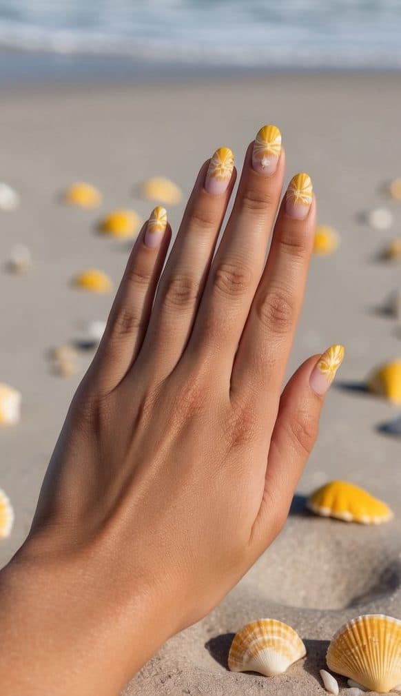 A sandy beach with scattered sunny yellow shells and ocean waves in the background