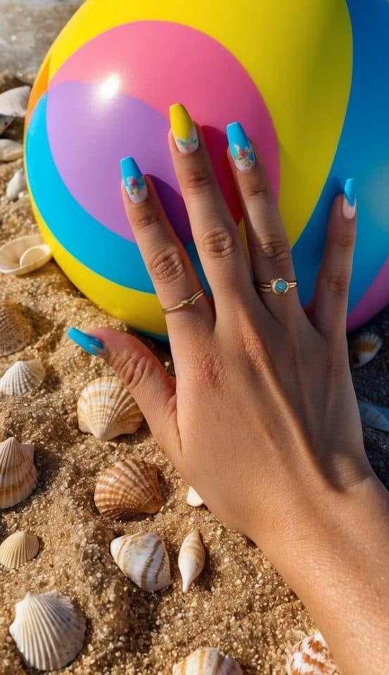 A colorful beach ball surrounded by sand and seashells on a sunny shore
