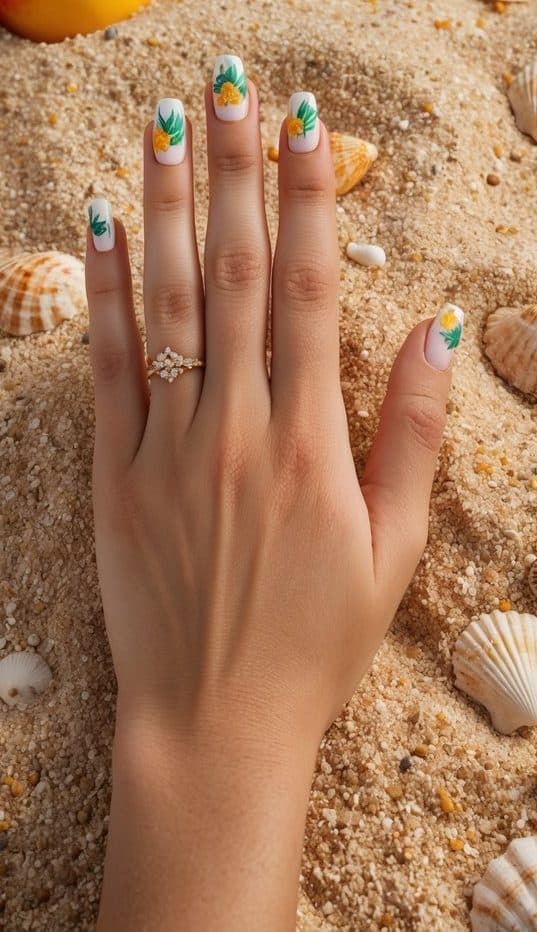 A sandy beach backdrop with colorful tropical fruits scattered around, surrounded by ocean waves and seashells