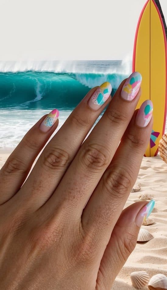 A colorful beach scene with waves, palm trees, seashells, and a surfboard on the sand